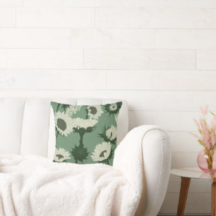 Woodblock Print Sunflower white Cushion