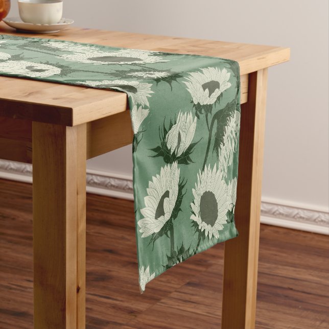 Woodblock Print Sunflower white Short Table Runner (In Situ)