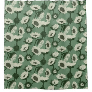 Woodblock Print Sunflower white Shower Curtain