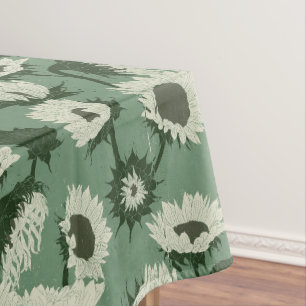 Woodblock Print Sunflower white Tablecloth