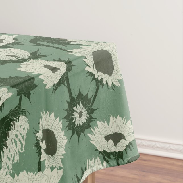 Woodblock Print Sunflower white Tablecloth (In Situ)