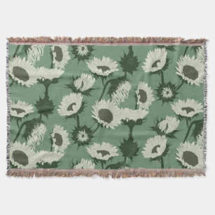 Woodblock Print Sunflower white Throw Blanket
