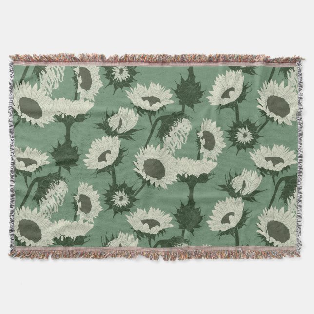 Woodblock Print Sunflower white Throw Blanket (Front)