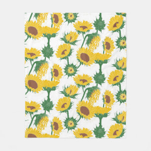 Woodblock Print Sunflower yellow Fleece Blanket