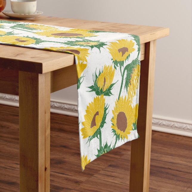 Woodblock Print Sunflower yellow Short Table Runner (In Situ)