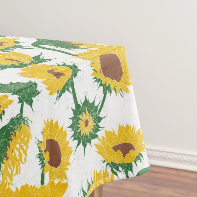 Woodblock Print Sunflower yellow Tablecloth (In Situ)