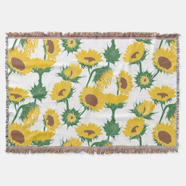 Woodblock Print Sunflower yellow Throw Blanket (Front)