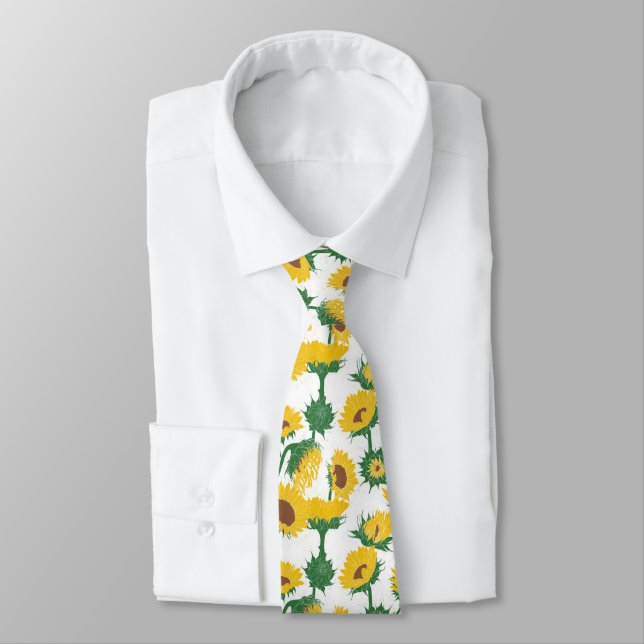 Woodblock Print Sunflower yellow Tie (Tied)