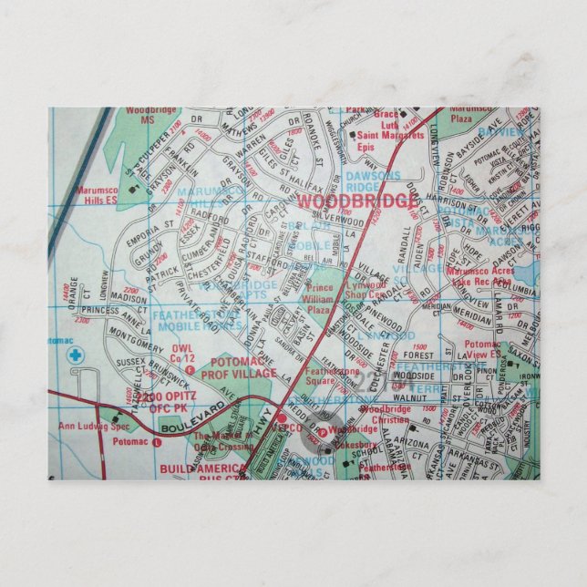 WOODBRIDGE, VA Vintage Map Postcard (Front)