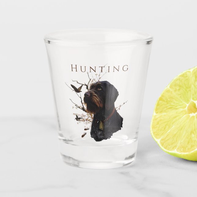 Woodcock Hunting with German Wirehaired Pointer   Shot Glass (Front)