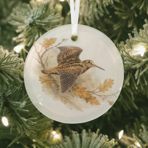 Woodcock in Flight , Autumn Woodland Nature Art Glass Tree Decoration