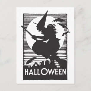 Woodcut Halloween Witch Postcard