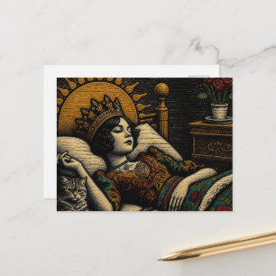 Woodcut Queen and Her Cat in Bed Postcard