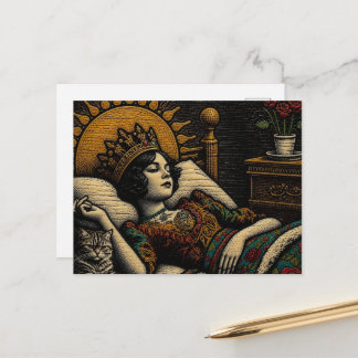 Woodcut Queen and Her Cat in Bed Postcard