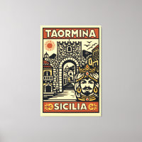 Woodcut Red Yellow Taormina Sicily Porta Messina