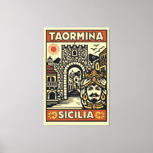 Woodcut Red Yellow Taormina Sicily Porta Messina