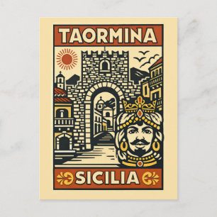 Woodcut Red Yellow Taormina Sicily Porta Messina  Postcard