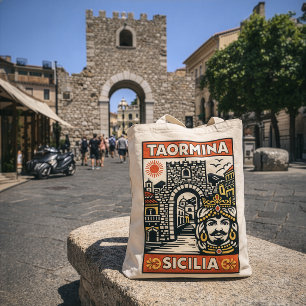 Woodcut Red Yellow Taormina Sicily Porta Messina  Tote Bag