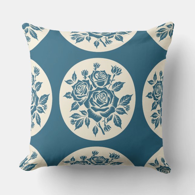 Woodcut Rose Bouquet Locket Cream Navy Cushion (Front)