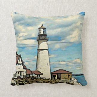 woodcut style art of lighthouse cushion
