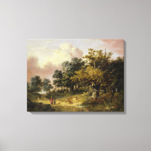 Wooded Landscape with Woman and Child Walking Down Canvas Print