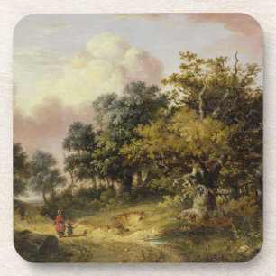 Wooded Landscape with Woman and Child Walking Down Coaster