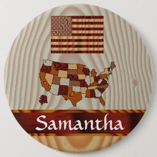 Wooden American flag and map 6 Cm Round Badge