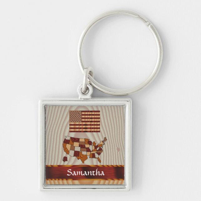 Wooden American flag and map Key Ring (Front)