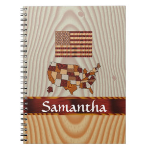 Wooden American flag and map Spiral Notebook