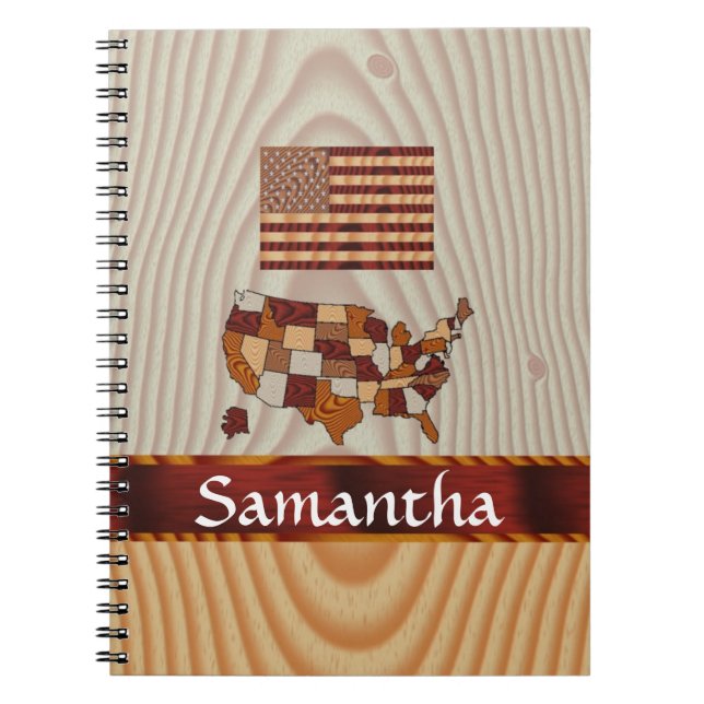 Wooden American flag and map Spiral Notebook (Front)
