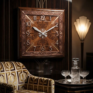 Wooden Art Deco Rich Burl Wood Square Wall Clock