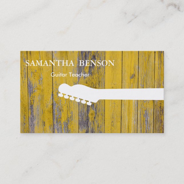 Wooden Background Cool Modern Guitar Teacher Music Business Card (Front)