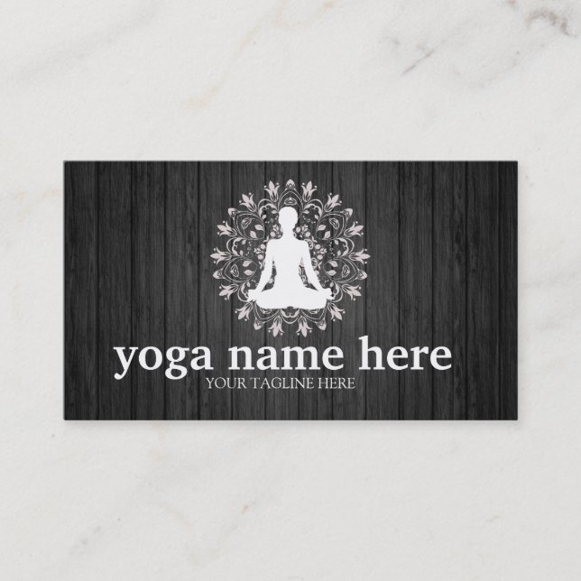 Wooden Background Elegant Meditation Om Logo Yoga Business Card (Front)