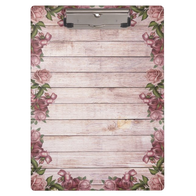 Wooden Background Modern Elegant Pink Magenta Rose Clipboard (Front)