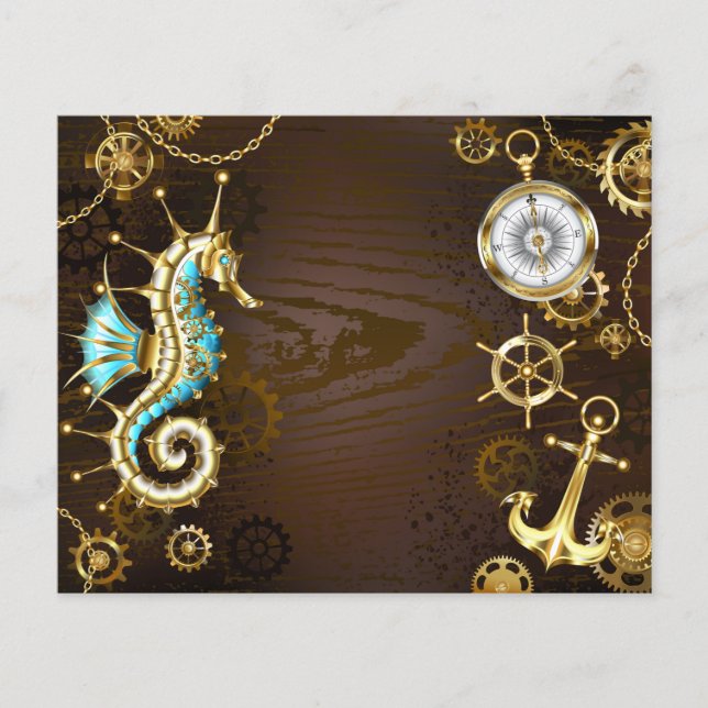 Wooden Background with Mechanical Seahorse (Front)