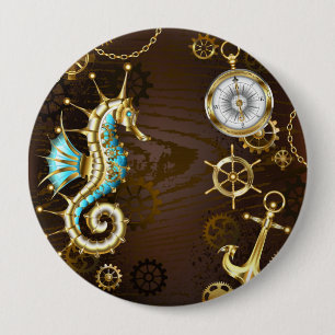 Wooden Background with Mechanical Seahorse 10 Cm Round Badge