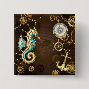 Wooden Background with Mechanical Seahorse 15 Cm Square Badge