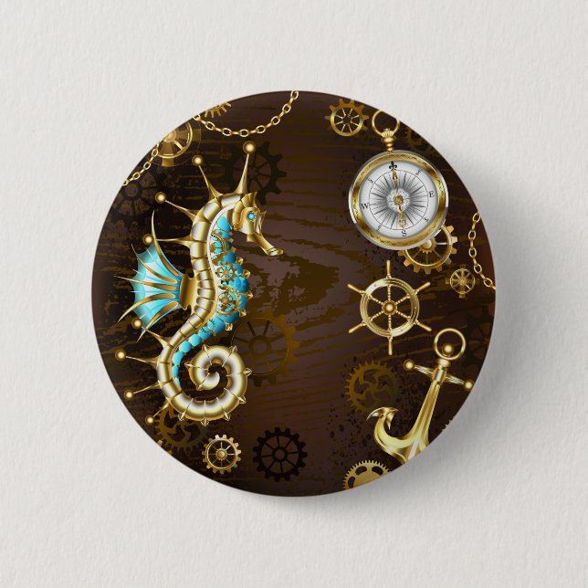 Wooden Background with Mechanical Seahorse 6 Cm Round Badge (Front)