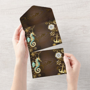 Wooden Background with Mechanical Seahorse All In One Invitation