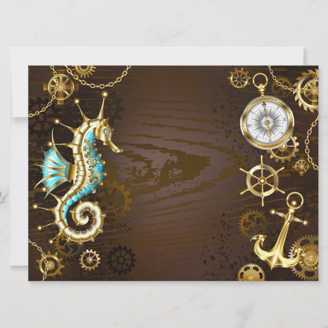 Wooden Background with Mechanical Seahorse Announcement (Front)