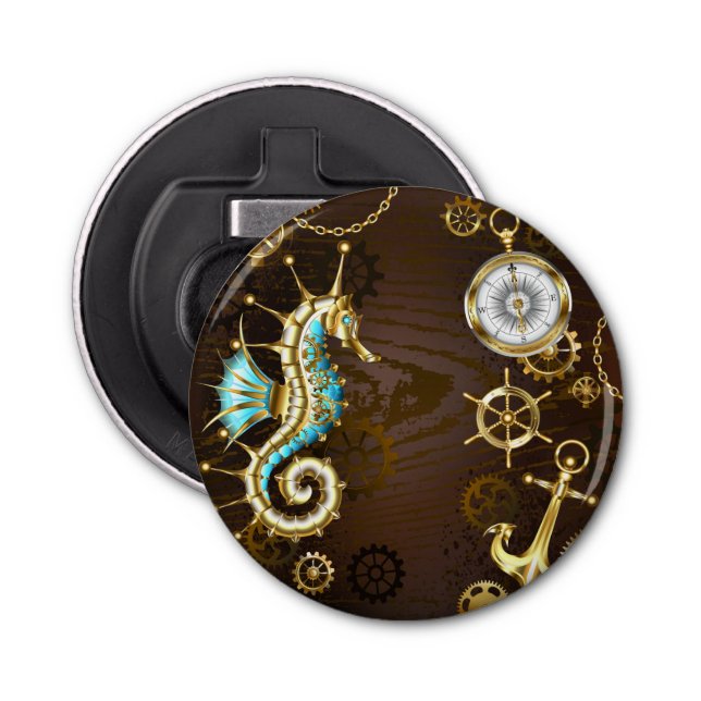 Wooden Background with Mechanical Seahorse Bottle Opener (Front)
