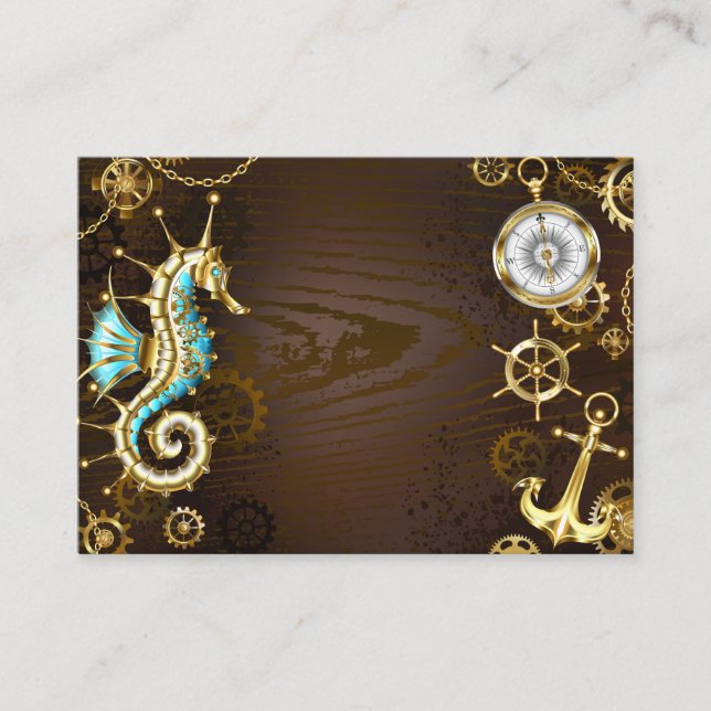 Wooden Background with Mechanical Seahorse Business Card (Front)