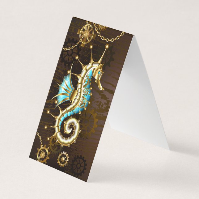 Wooden Background with Mechanical Seahorse Business Card (Front)