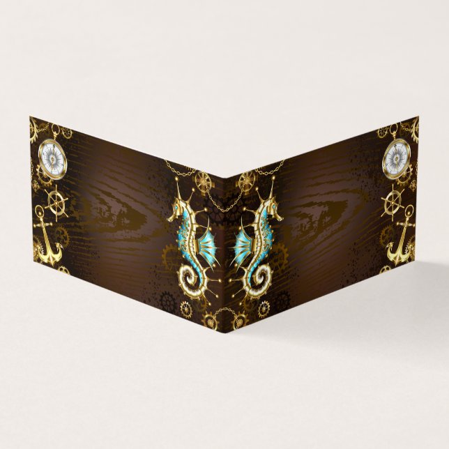 Wooden Background with Mechanical Seahorse Business Card (Outside)