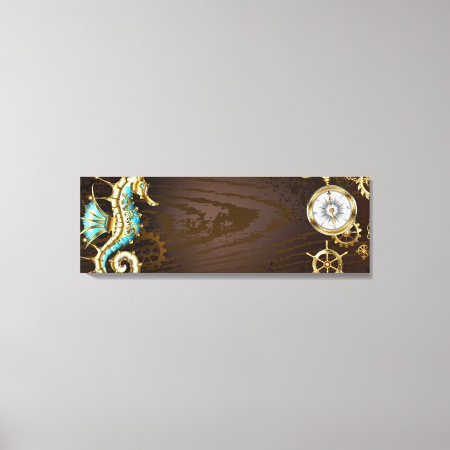 Wooden Background with Mechanical Seahorse Canvas Print (Front)