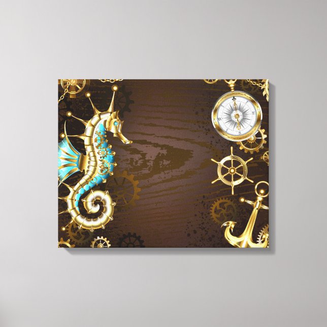 Wooden Background with Mechanical Seahorse Canvas Print (Front)