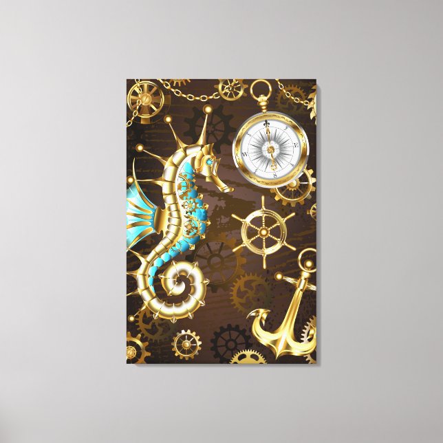 Wooden Background with Mechanical Seahorse Canvas Print (Front)