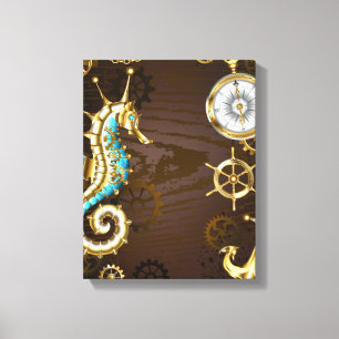 Wooden Background with Mechanical Seahorse Canvas Print
