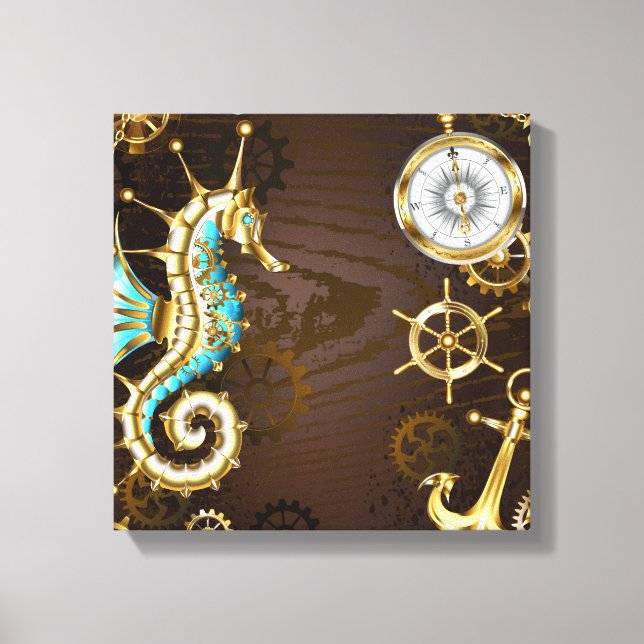 Wooden Background with Mechanical Seahorse Canvas Print (Front)
