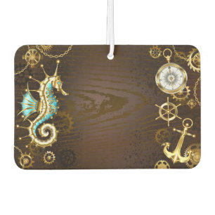 Wooden Background with Mechanical Seahorse Car Air Freshener